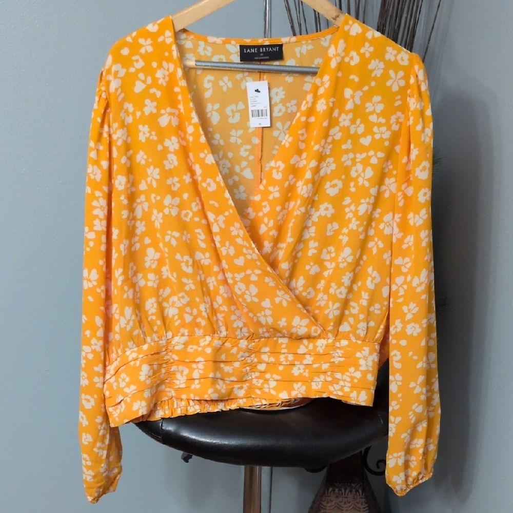 Lane Bryant Yellow Floral Wrap Surplice Neck Blouse